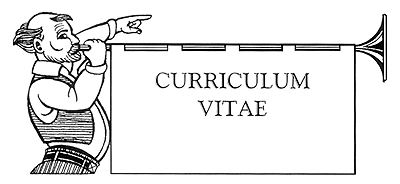 image man blowing his own trumpet with a flag on it saying curriculum vitae