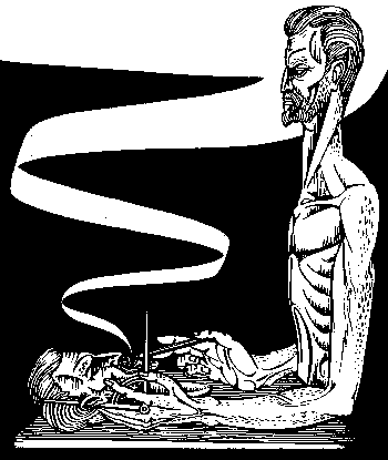 image naked man sitting at table with another man's head face up on it the breath from the head flows into the page