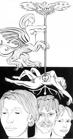 imagewinged lion with female torso tree like spear through the heart of naked man below this are the embodied heads of two women and  a man